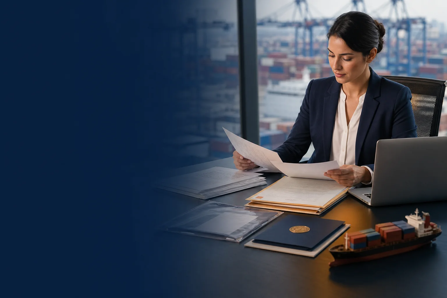 Export specialist reviewing international shipping documents beside a container terminal