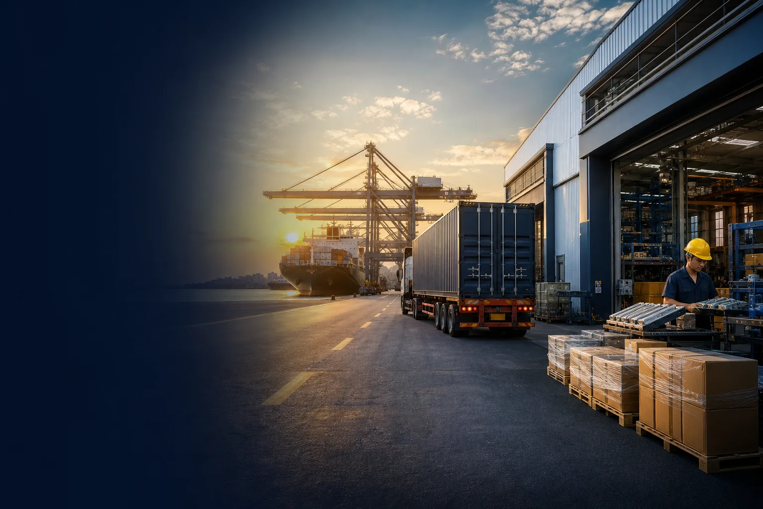 Finished products and a container truck moving from a factory toward an international port