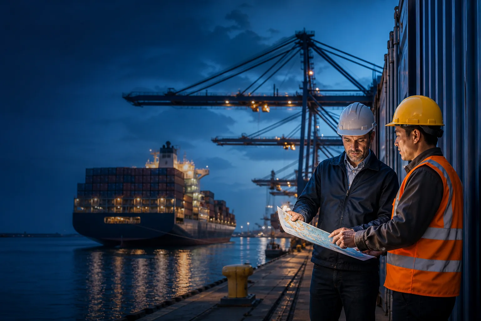 Trade professionals reviewing a shipping route beside containers at an international port