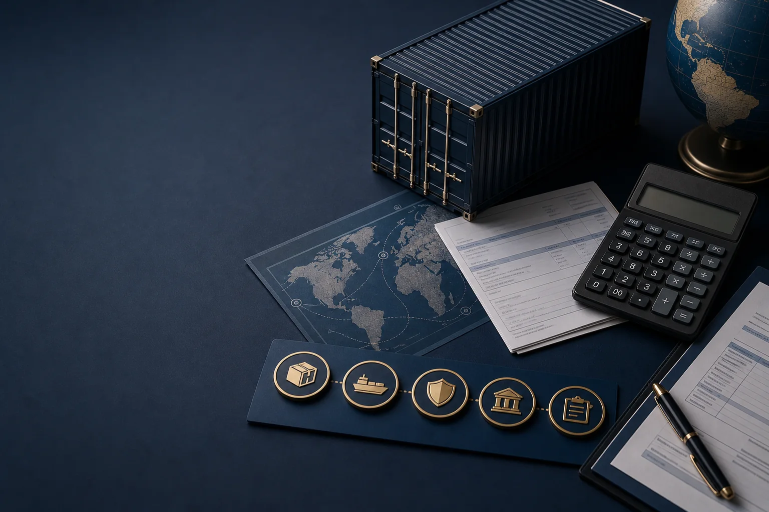Cargo container, calculator, customs papers and global route map illustrating landed cost