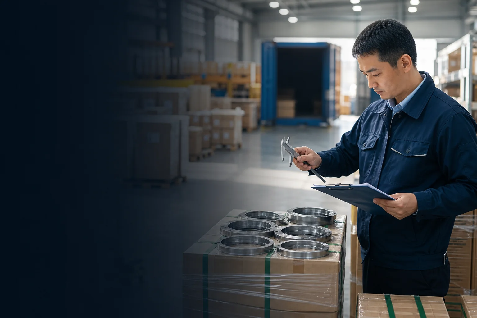 Quality inspector measuring finished metal components in an export warehouse