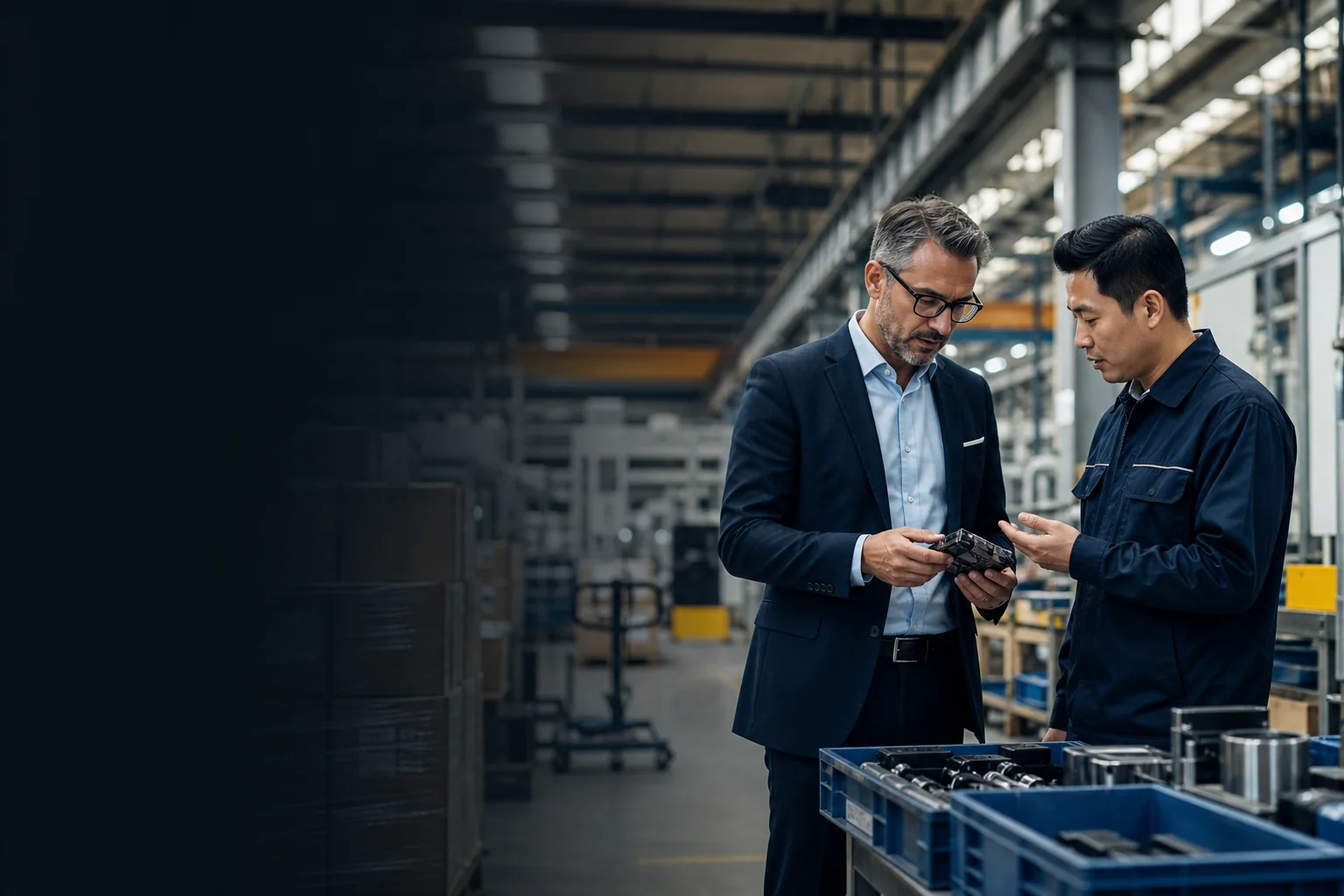 Sourcing manager verifying a component with a manufacturing supplier inside a factory
