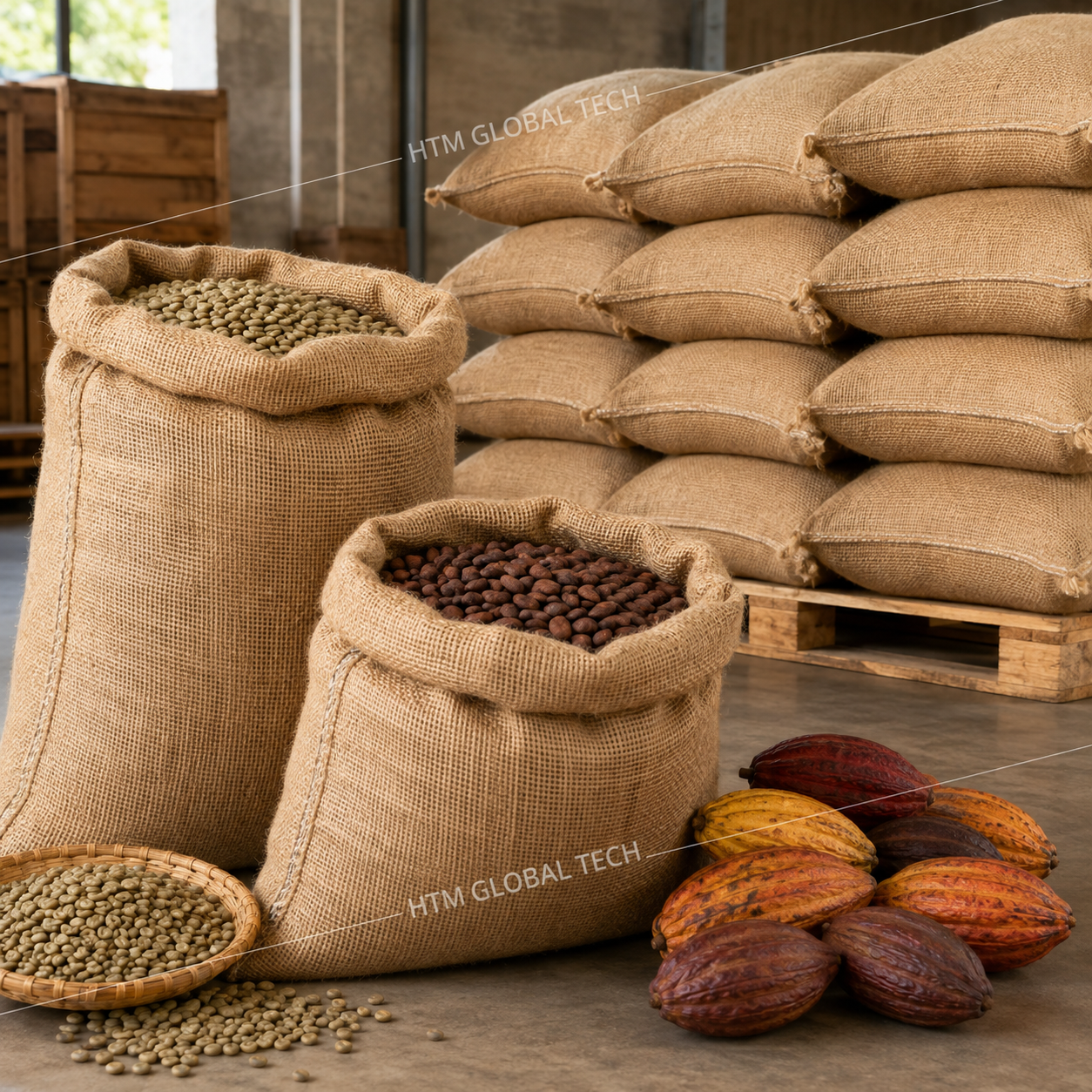 Coffee and Cocoa Jute Bags prepared for bulk export supply from India